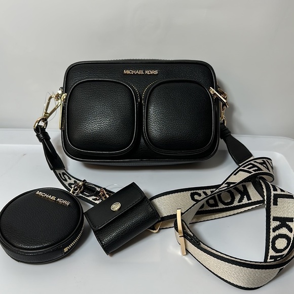 Michael Kors leather Jet Set travel crossbody black tech pocket pouches AirPods - Picture 8 of 12